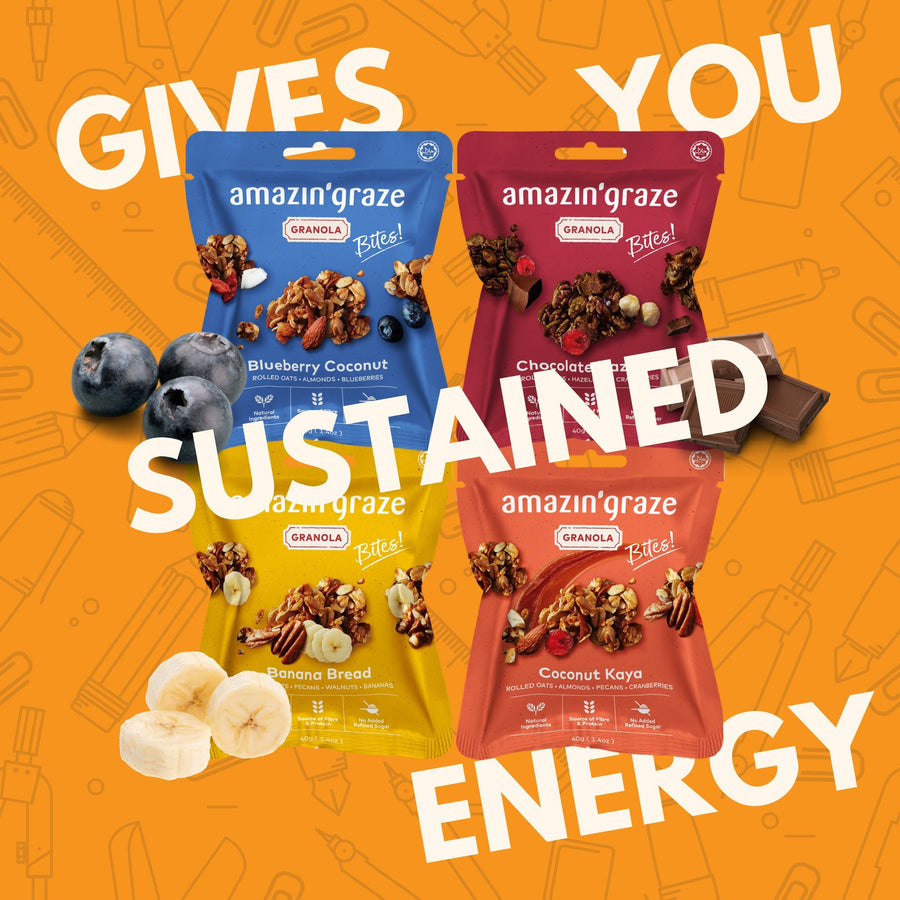 Amazin’ Graze granola bites in assorted flavors on an orange background promoting sustained energy.