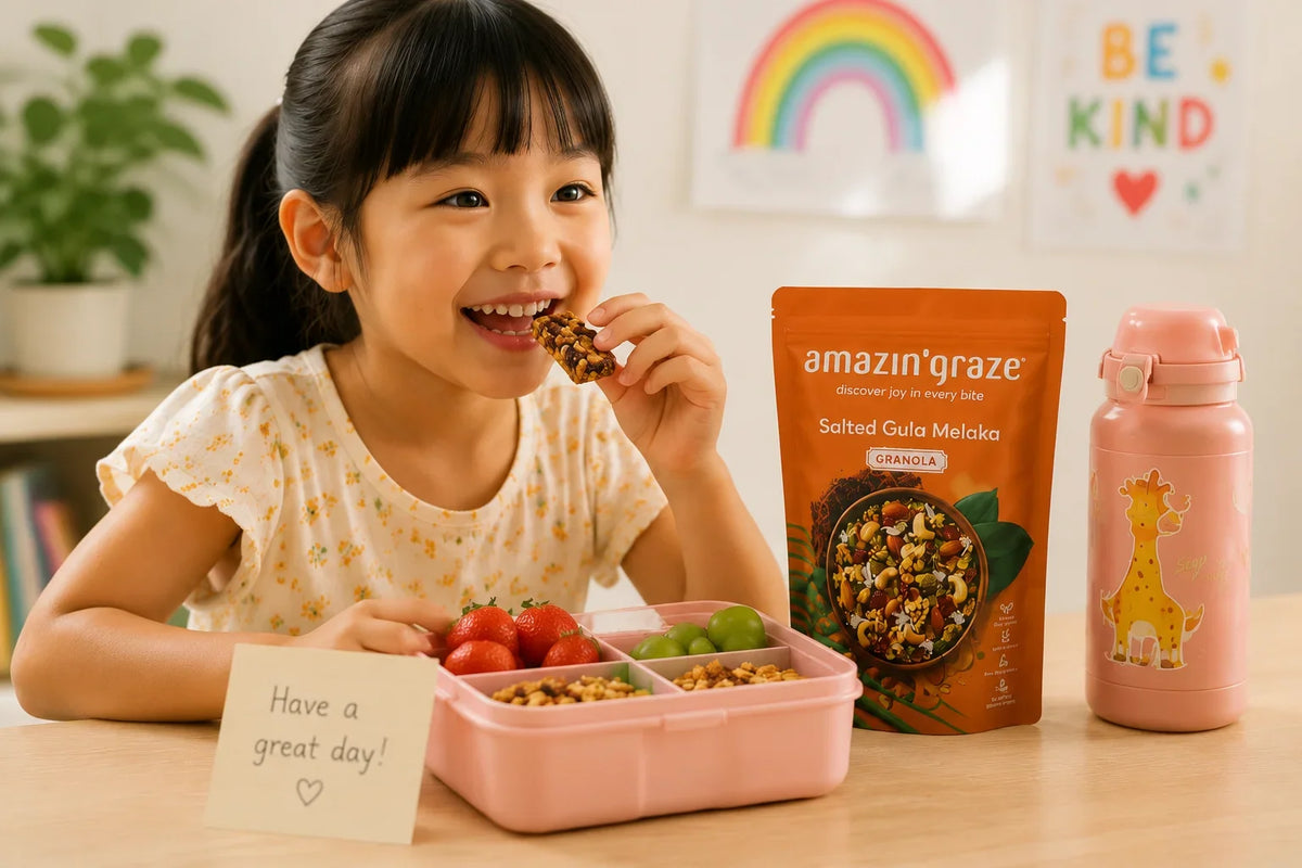 Parent and child preparing healthy snacks together in a kitchen with colorful fruits and wholesome ingredients.