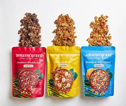Three colorful Amazin’ Graze granola pouches displayed with their handcrafted granola blends.