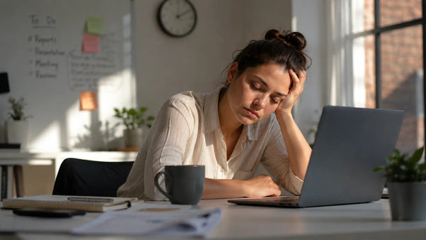 Woman feeling tired at her desk during a 3 PM energy slump with coffee nearby.