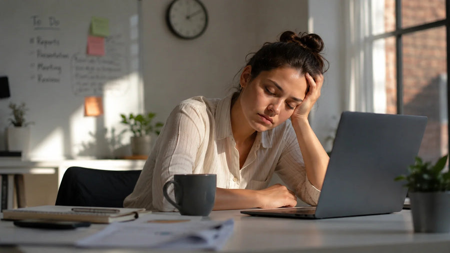 Woman feeling tired at her desk during a 3 PM energy slump with coffee nearby.