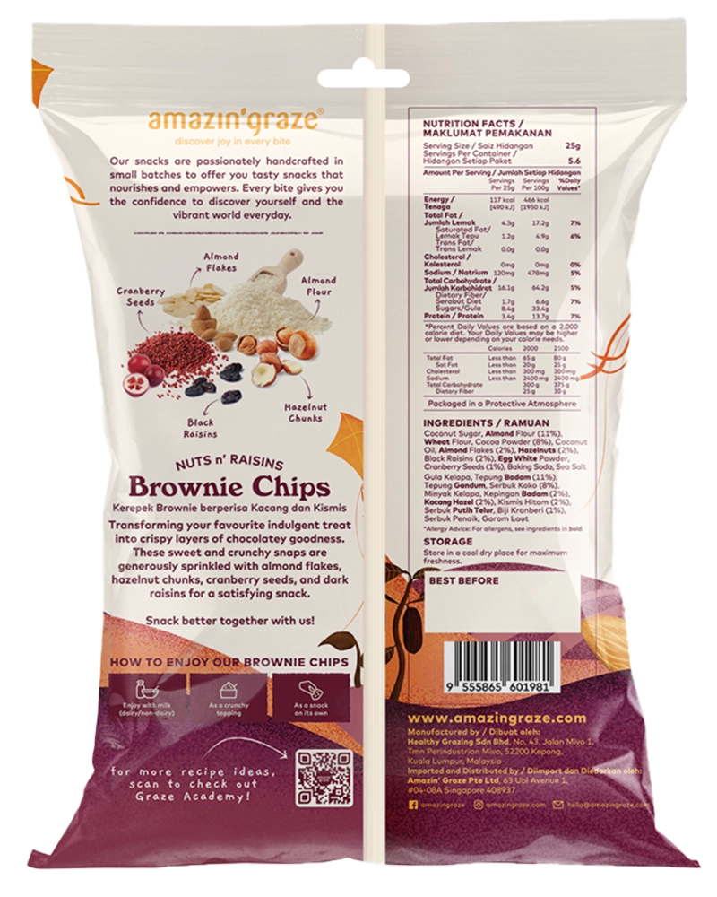 Amazin' Graze Nuts n' Raisins' Brownie Chips 140g Back