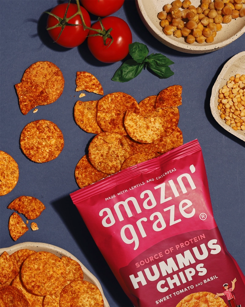 Amazin' Graze Sweet Tomato Hummus Chips 100g Advertisement