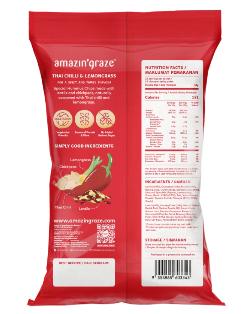 Amazin' Graze Hummus Chips Thai Chilli & Lemongrass 100g Back