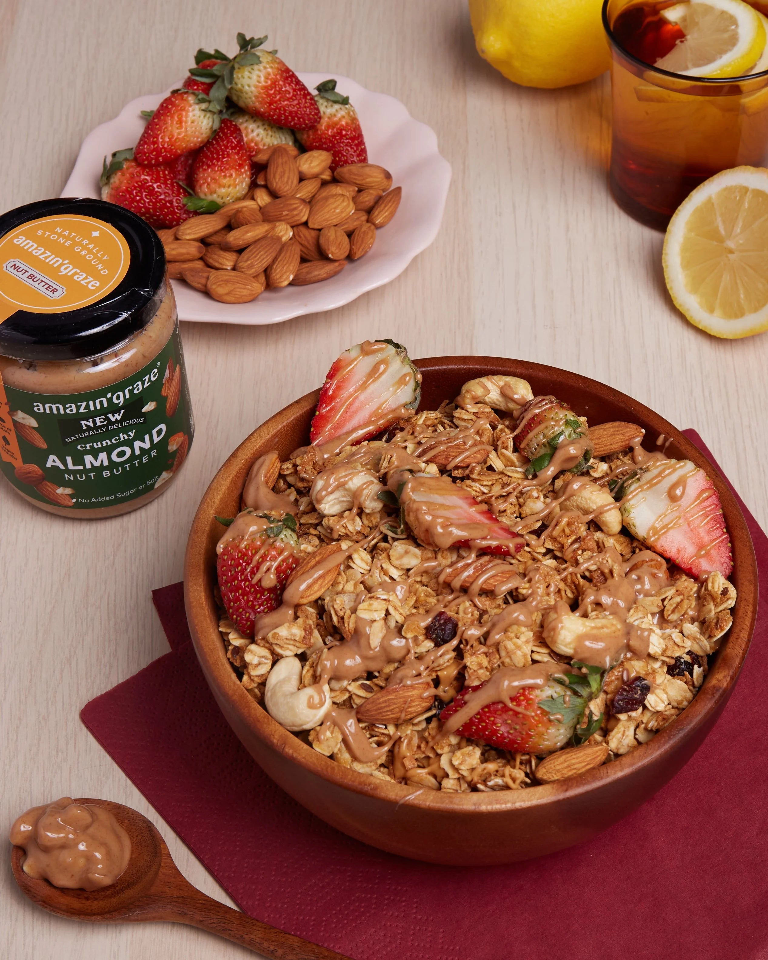 Amazin' Graze Crunchy Almond Butter as A Dressing in Fruity Granola Bowl